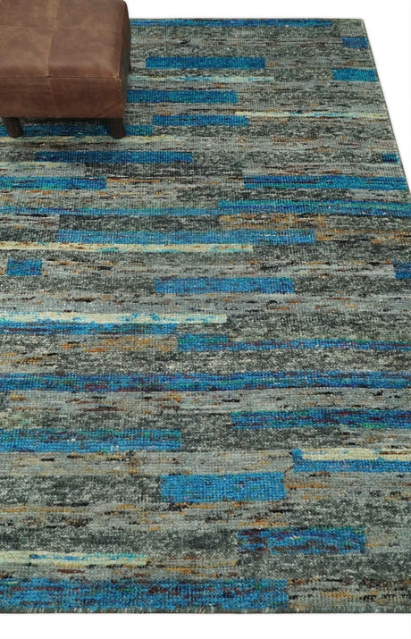 Hand Knotted 4.5x6.5 Gray, Ivory and Blue Modern Abstract Recycled Silk Area Rug