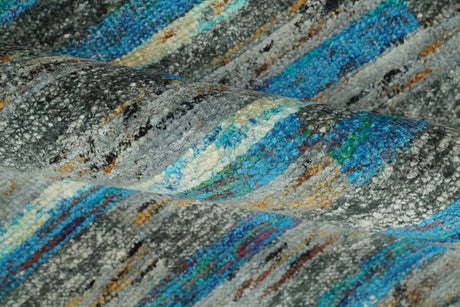 Hand Knotted 4.5x6.5 Gray, Ivory and Blue Modern Abstract Recycled Silk Area Rug
