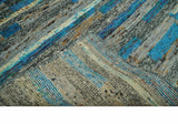 Hand Knotted 4.5x6.5 Gray, Ivory and Blue Modern Abstract Recycled Silk Area Rug