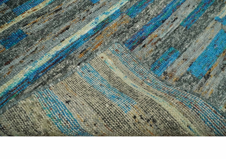 Hand Knotted 4.5x6.5 Gray, Ivory and Blue Modern Abstract Recycled Silk Area Rug
