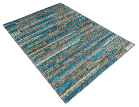 Hand Knotted 4.5x6.5 Gray, Ivory and Blue Modern Abstract Recycled Silk Area Rug