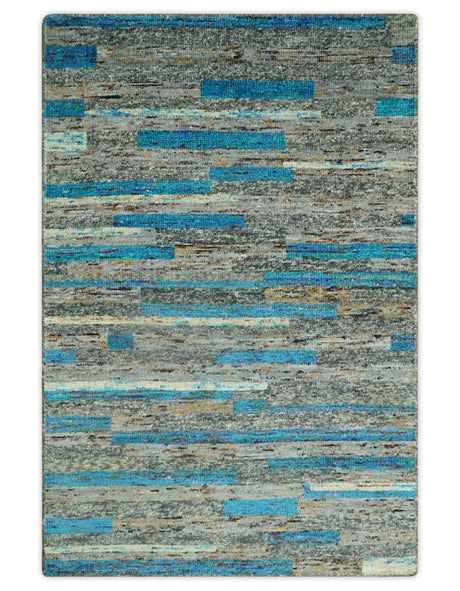 Hand Knotted 4.5x6.5 Gray, Ivory and Blue Modern Abstract Recycled Silk Area Rug