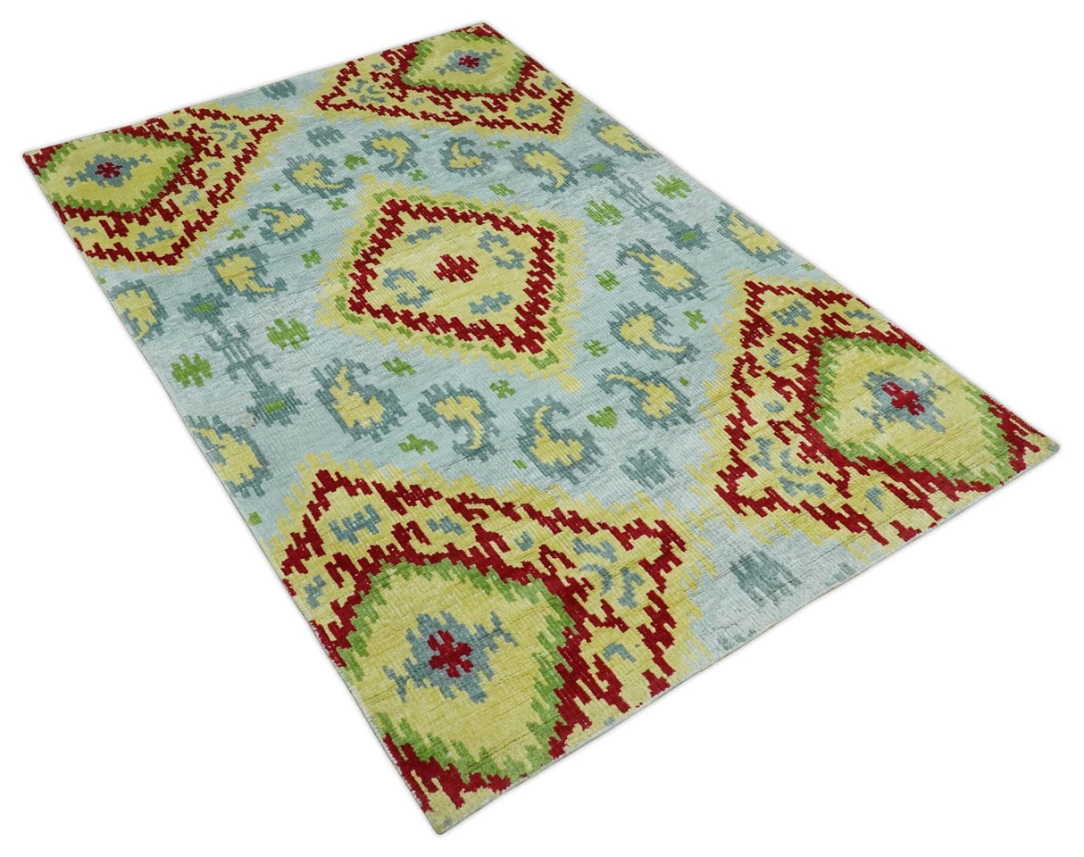 Hand Knotted 4.5x6.5 Silver, Mustard and Red Recycled Silk Area Rug