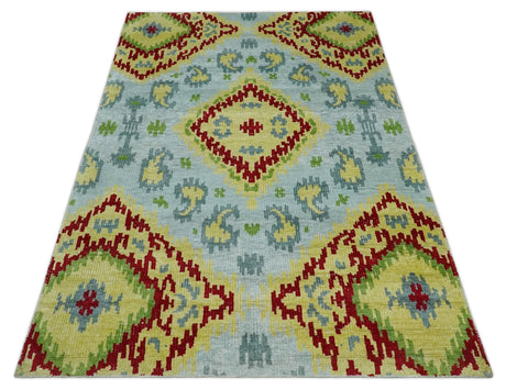 Hand Knotted 4.5x6.5 Silver, Mustard and Red Recycled Silk Area Rug
