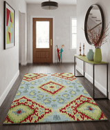 Hand Knotted 4.5x6.5 Silver, Mustard and Red Recycled Silk Area Rug