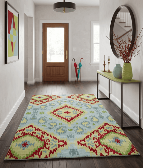 Hand Knotted 4.5x6.5 Silver, Mustard and Red Recycled Silk Area Rug