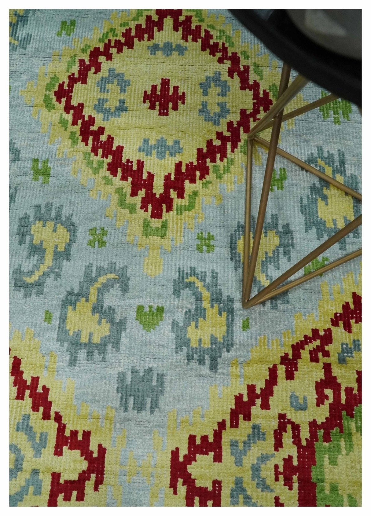 Hand Knotted 4.5x6.5 Silver, Mustard and Red Recycled Silk Area Rug