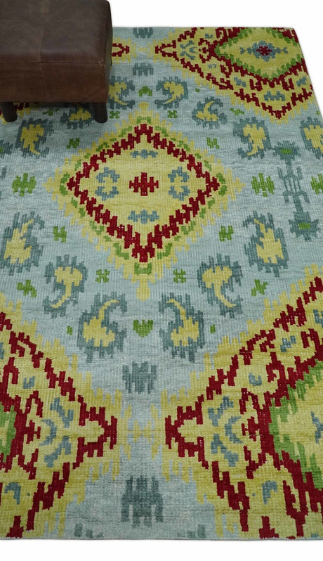 Hand Knotted 4.5x6.5 Silver, Mustard and Red Recycled Silk Area Rug