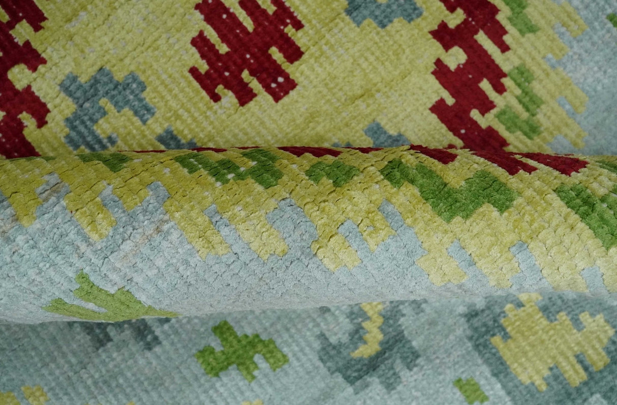 Hand Knotted 4.5x6.5 Silver, Mustard and Red Recycled Silk Area Rug