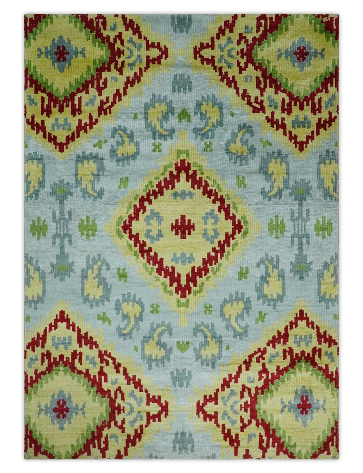 Hand Knotted 4.5x6.5 Silver, Mustard and Red Recycled Silk Area Rug