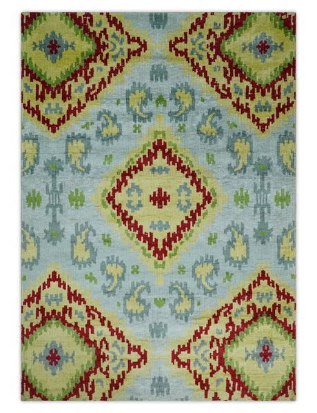 Hand Knotted 4.5x6.5 Silver, Mustard and Red Recycled Silk Area Rug