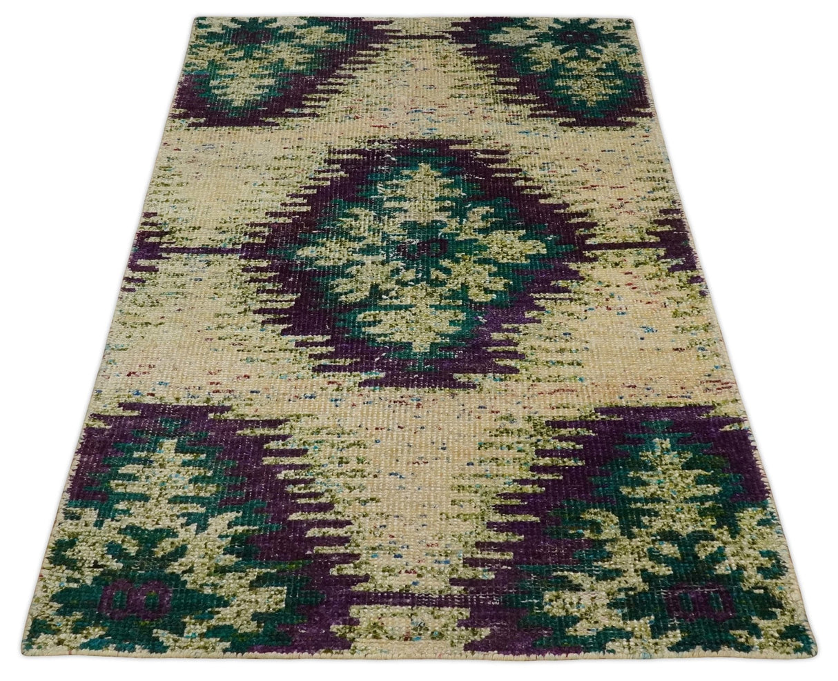 Hand Knotted 4x6 Beige and Green Persian Recycled Silk Area Rug