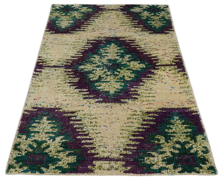 Hand Knotted 4x6 Beige and Green Persian Recycled Silk Area Rug