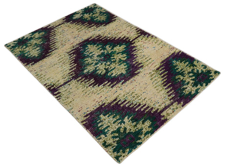 Hand Knotted 4x6 Beige and Green Persian Recycled Silk Area Rug