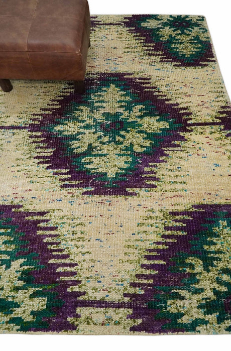 Hand Knotted 4x6 Beige and Green Persian Recycled Silk Area Rug