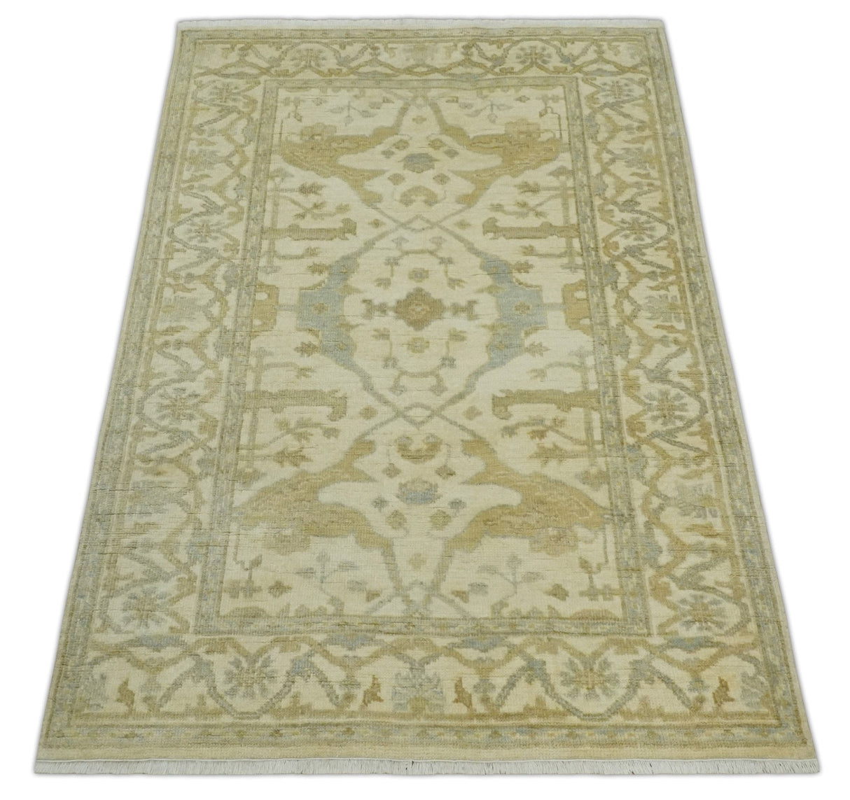 Hand Knotted 4x6 Oriental Oushak Beige an Gray Wool Area Rug, Small Turkish Design Rug | N35146