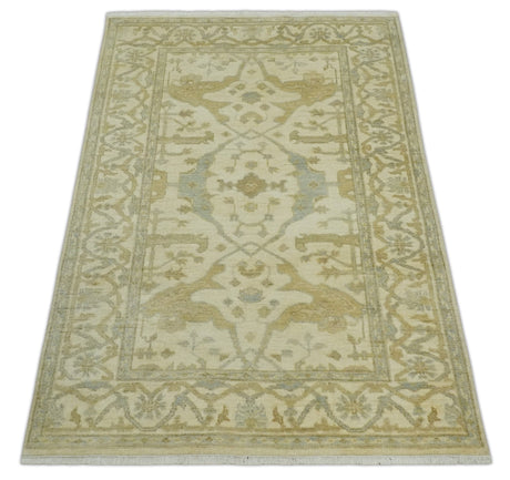 Hand Knotted 4x6 Oriental Oushak Beige an Gray Wool Area Rug, Small Turkish Design Rug | N35146