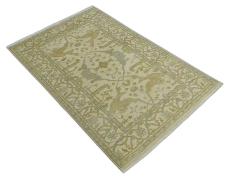 Hand Knotted 4x6 Oriental Oushak Beige an Gray Wool Area Rug, Small Turkish Design Rug | N35146