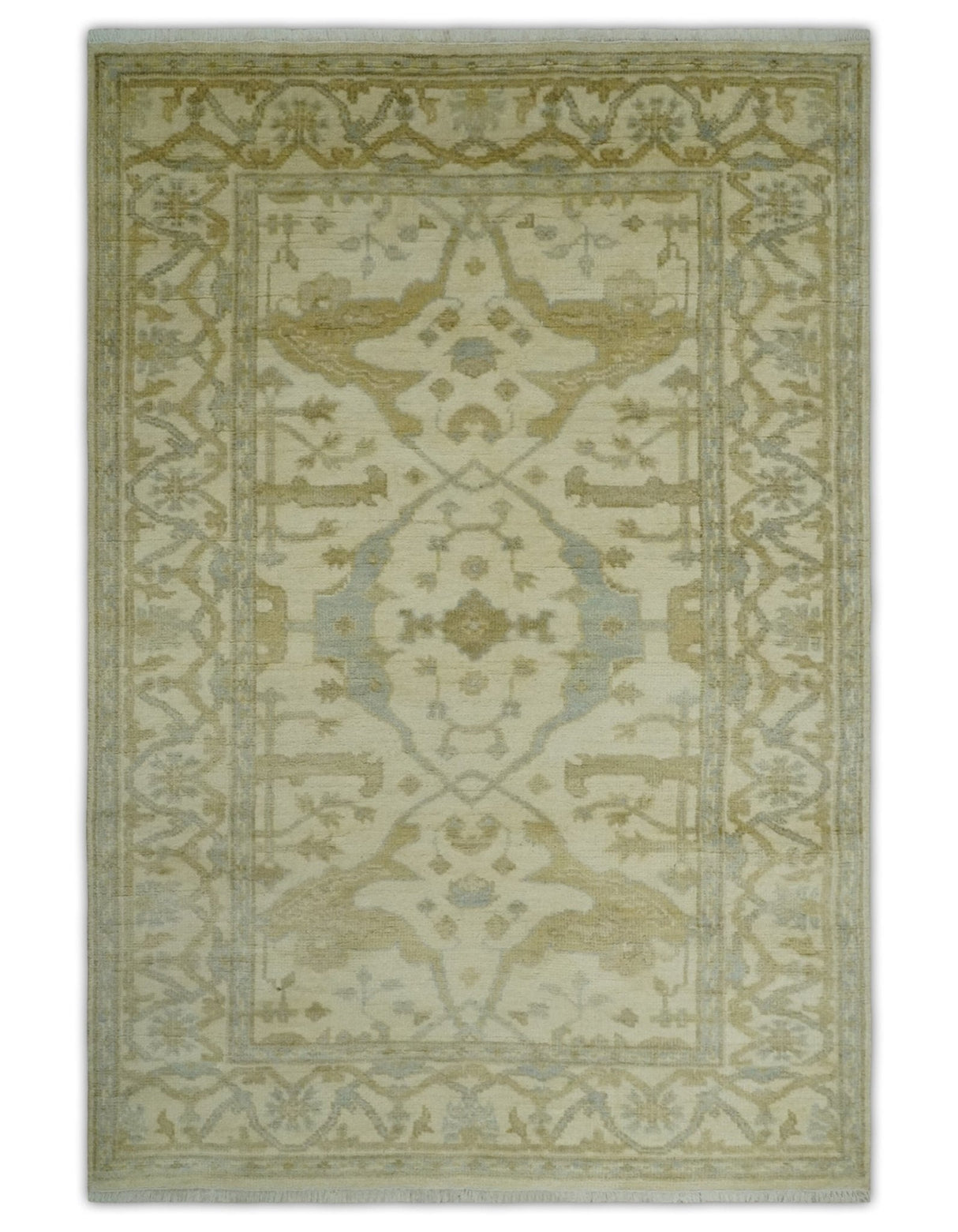 Hand Knotted 4x6 Oriental Oushak Beige an Gray Wool Area Rug, Small Turkish Design Rug | N35146
