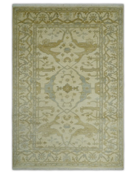 Hand Knotted 4x6 Oriental Oushak Beige an Gray Wool Area Rug, Small Turkish Design Rug | N35146