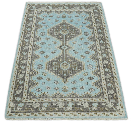 Hand knotted 4x6 Persian Blue and Brown Antique Vintage Wool Area Rug