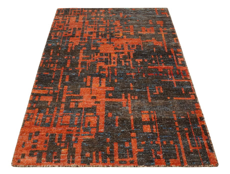 Hand Knotted 4x6 Rust and Charcoal Modern Abstract Recycled Silk Area Rug