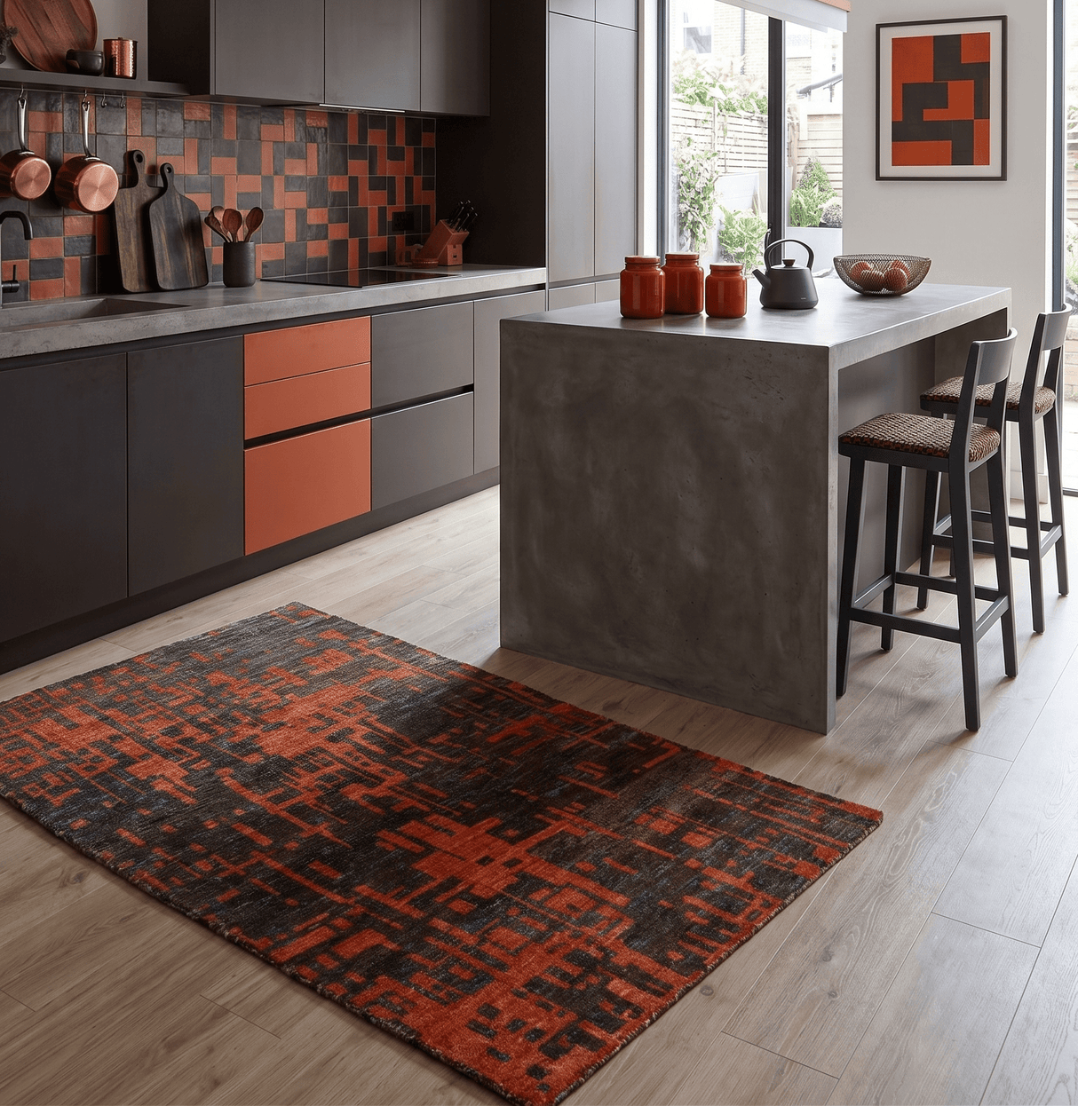 Hand Knotted 4x6 Rust and Charcoal Modern Abstract Recycled Silk Area Rug