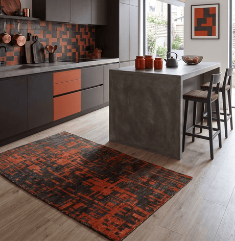 Hand Knotted 4x6 Rust and Charcoal Modern Abstract Recycled Silk Area Rug