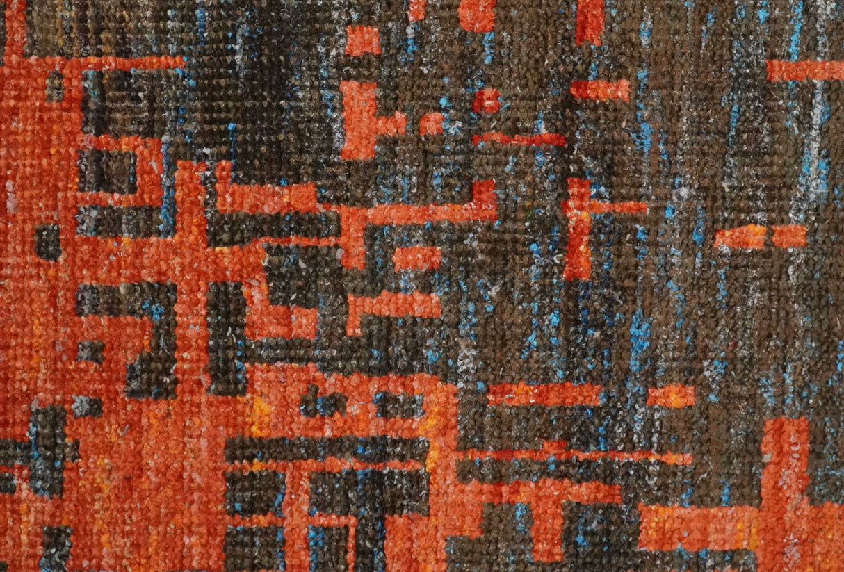 Hand Knotted 4x6 Rust and Charcoal Modern Abstract Recycled Silk Area Rug