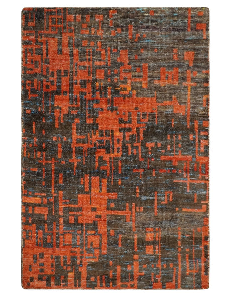Hand Knotted 4x6 Rust and Charcoal Modern Abstract Recycled Silk Area Rug