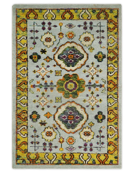 Hand Knotted 4x6 Silver, Mustard and Gold Persian Oushak Recycled Silk Area Rug