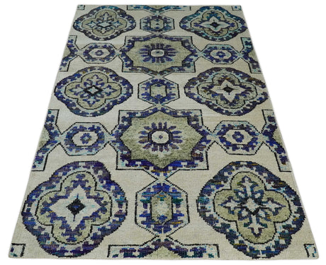 Hand Knotted 5x8 Beige, Blue and Olive Modern Style Recycled Silk Area Rug