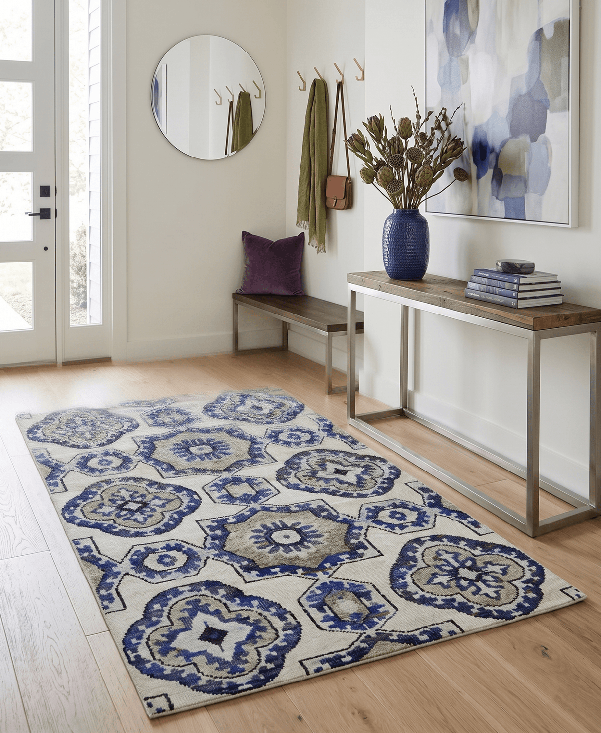 Hand Knotted 5x8 Beige, Blue and Olive Modern Style Recycled Silk Area Rug