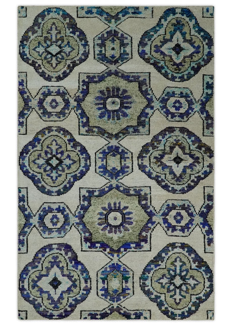 Hand Knotted 5x8 Beige, Blue and Olive Modern Style Recycled Silk Area Rug