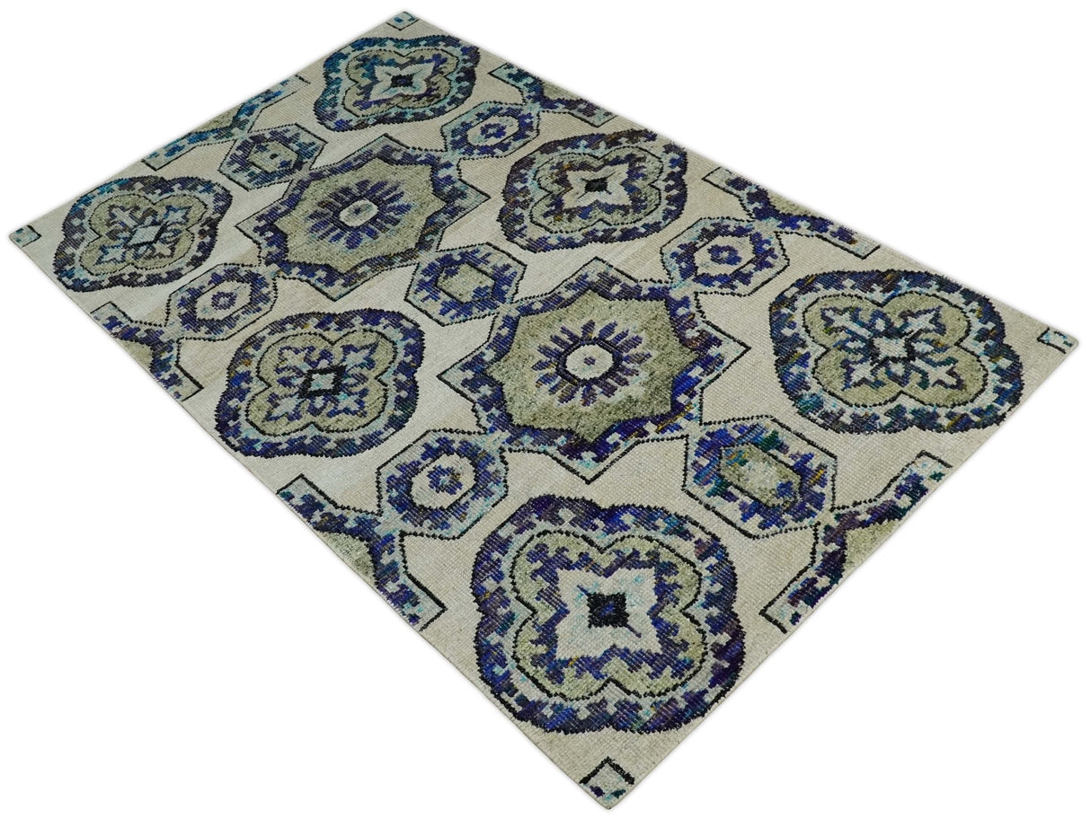 Hand Knotted 5x8 Beige, Violet and Olive Persian made of Recycled Silk Area Rug | OP98