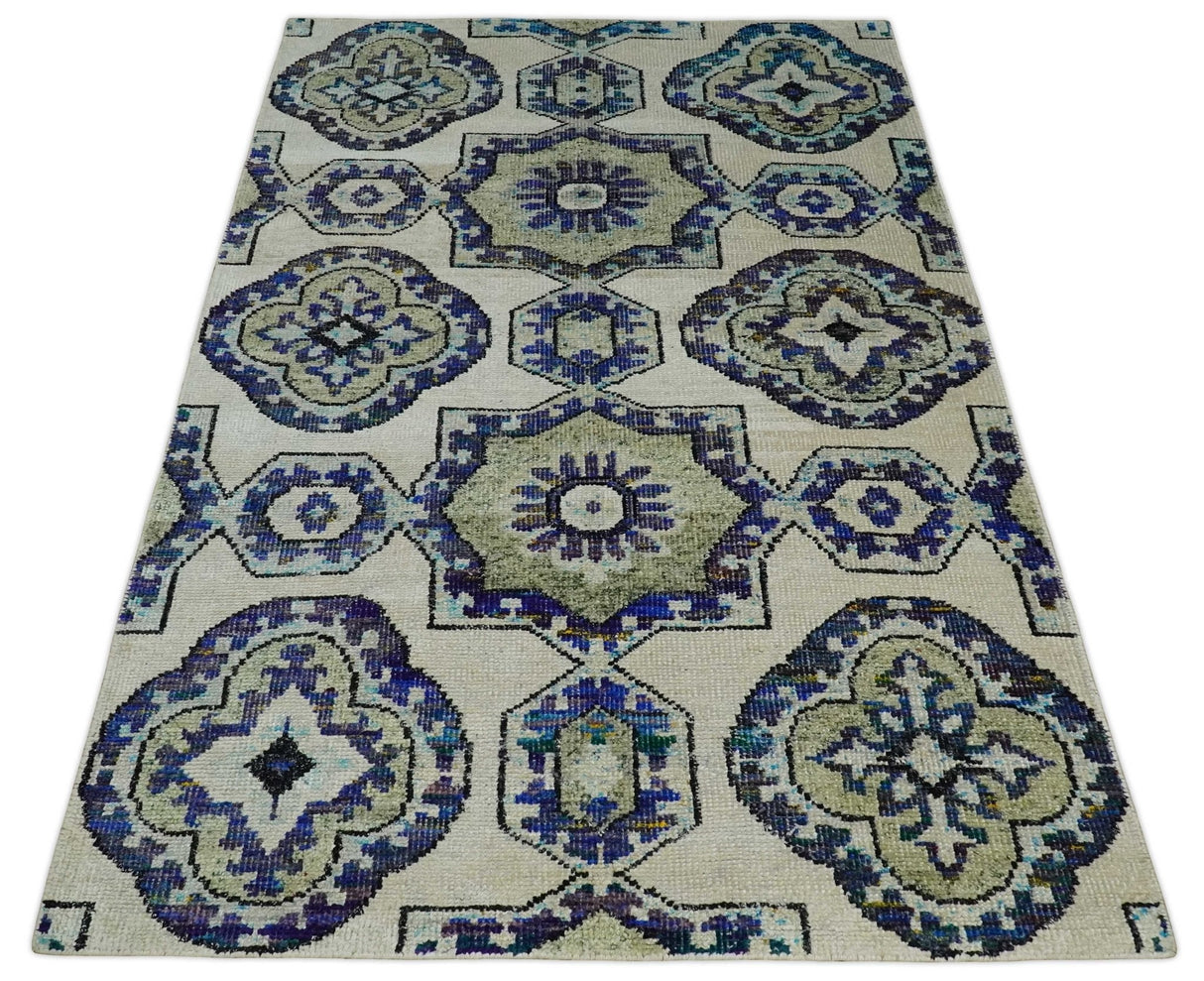 Hand Knotted 5x8 Beige, Violet and Olive Persian made of Recycled Silk Area Rug | OP98