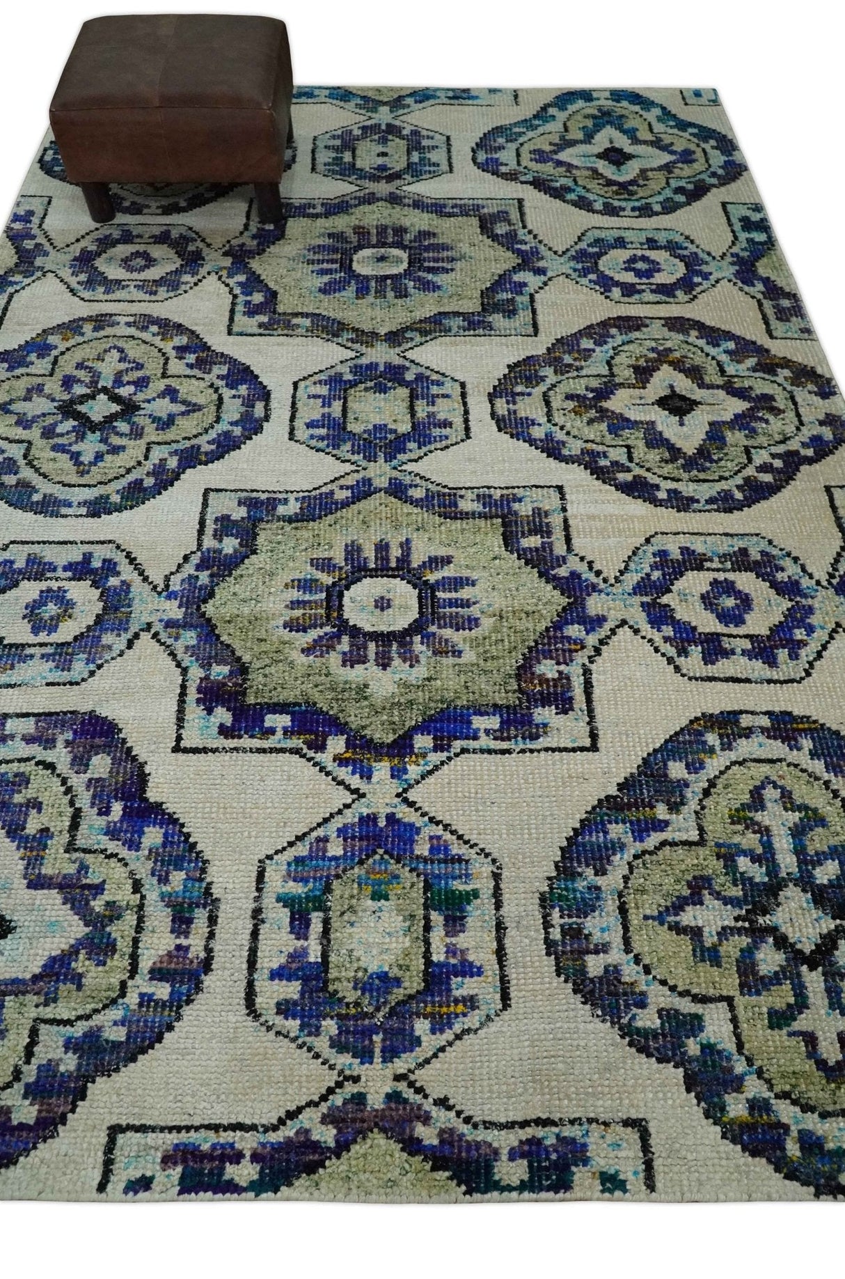 Hand Knotted 5x8 Beige, Violet and Olive Persian made of Recycled Silk Area Rug | OP98