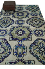 Hand Knotted 5x8 Beige, Violet and Olive Persian made of Recycled Silk Area Rug | OP98