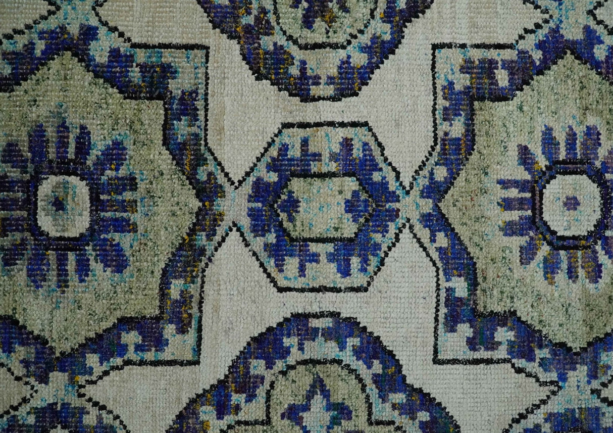 Hand Knotted 5x8 Beige, Violet and Olive Persian made of Recycled Silk Area Rug | OP98