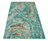 Hand Knotted 5x8 Blue, Ivory and Brown Modern Abstract Recycled Silk Area Rug