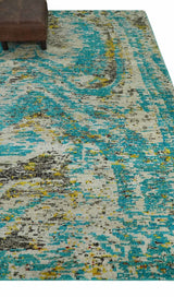 Hand Knotted 5x8 Blue, Ivory and Brown Modern Abstract Recycled Silk Area Rug