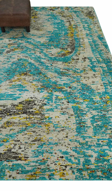 Hand Knotted 5x8 Blue, Ivory and Brown Modern Abstract Recycled Silk Area Rug