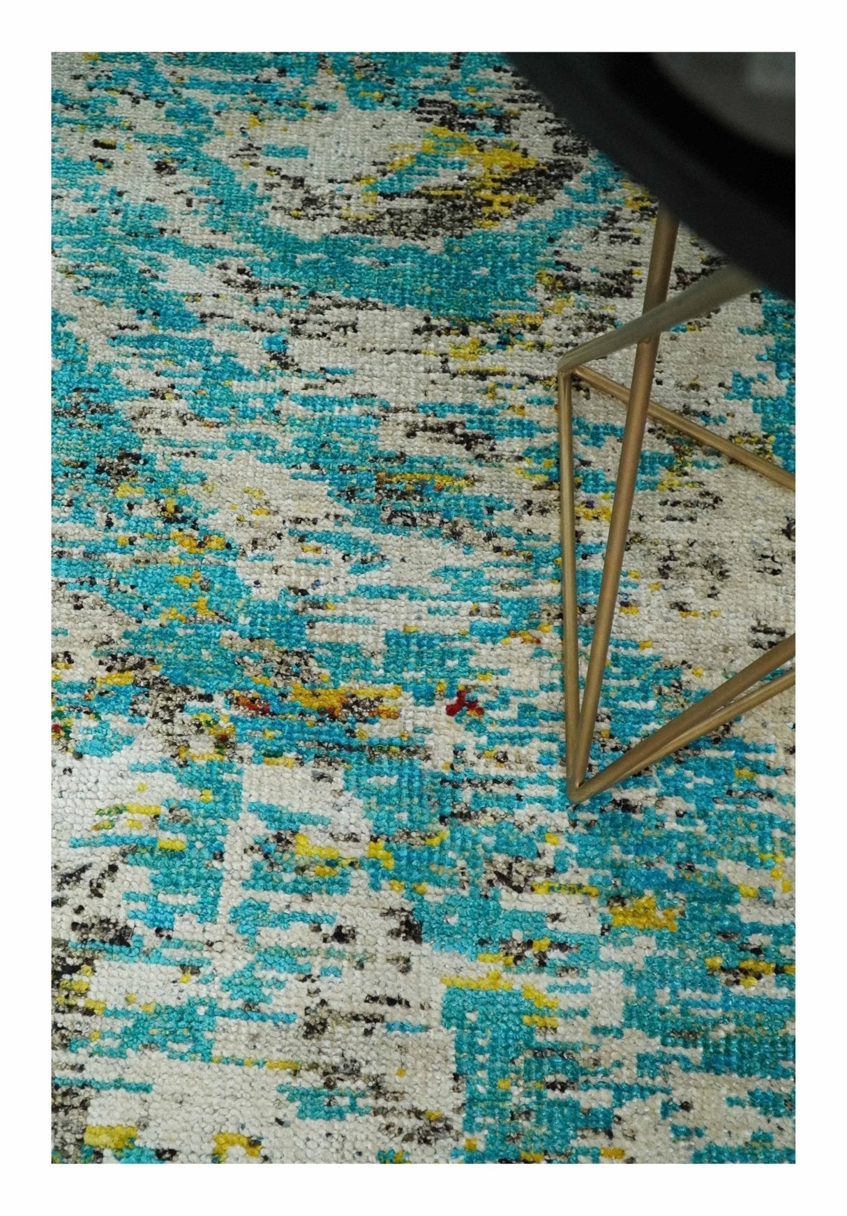 Hand Knotted 5x8 Blue, Ivory and Brown Modern Abstract Recycled Silk Area Rug