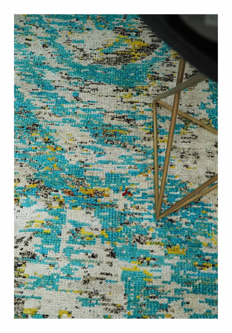 Hand Knotted 5x8 Blue, Ivory and Brown Modern Abstract Recycled Silk Area Rug