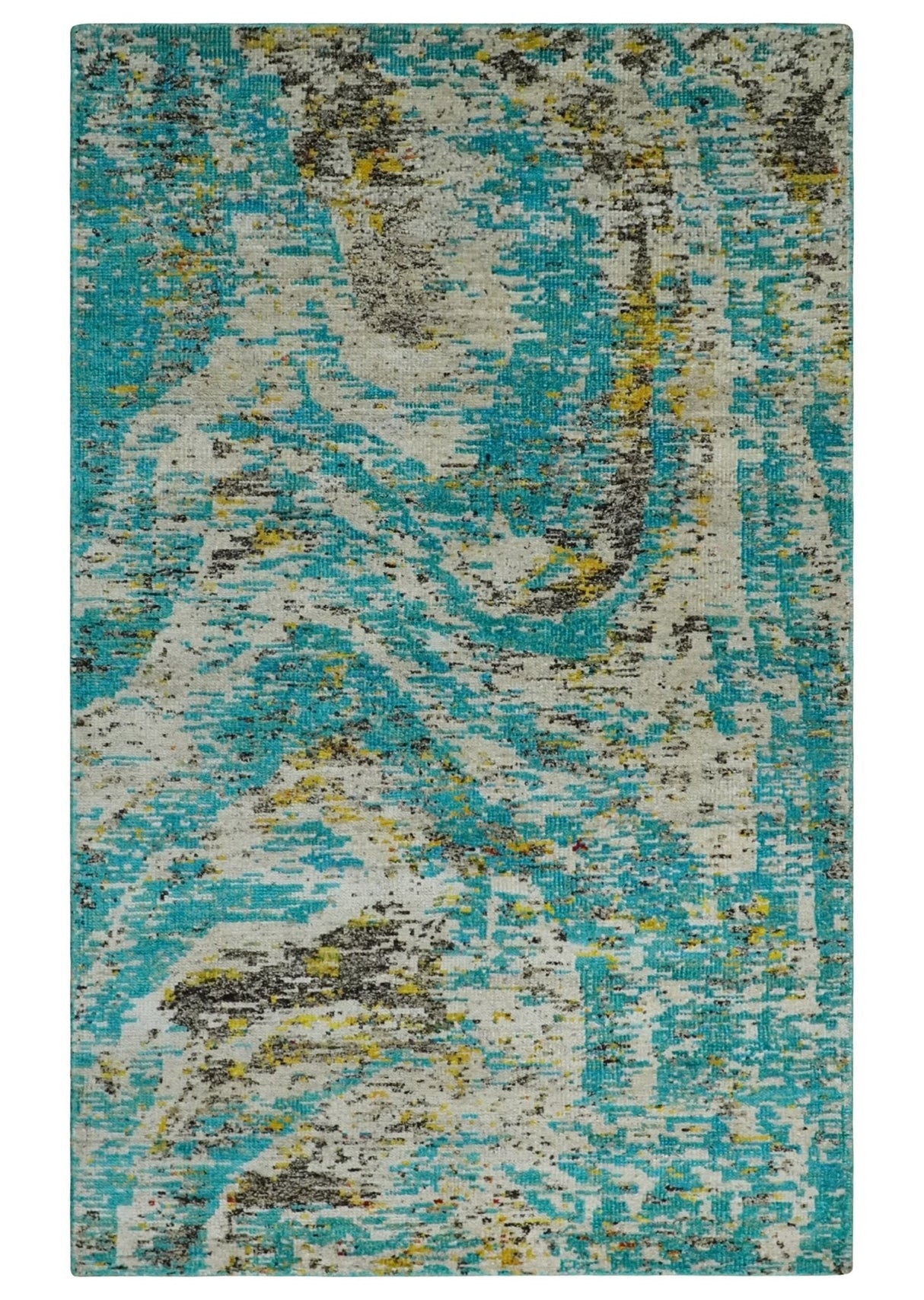 Hand Knotted 5x8 Blue, Ivory and Brown Modern Abstract Recycled Silk Area Rug