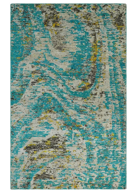 Hand Knotted 5x8 Blue, Ivory and Brown Modern Abstract Recycled Silk Area Rug