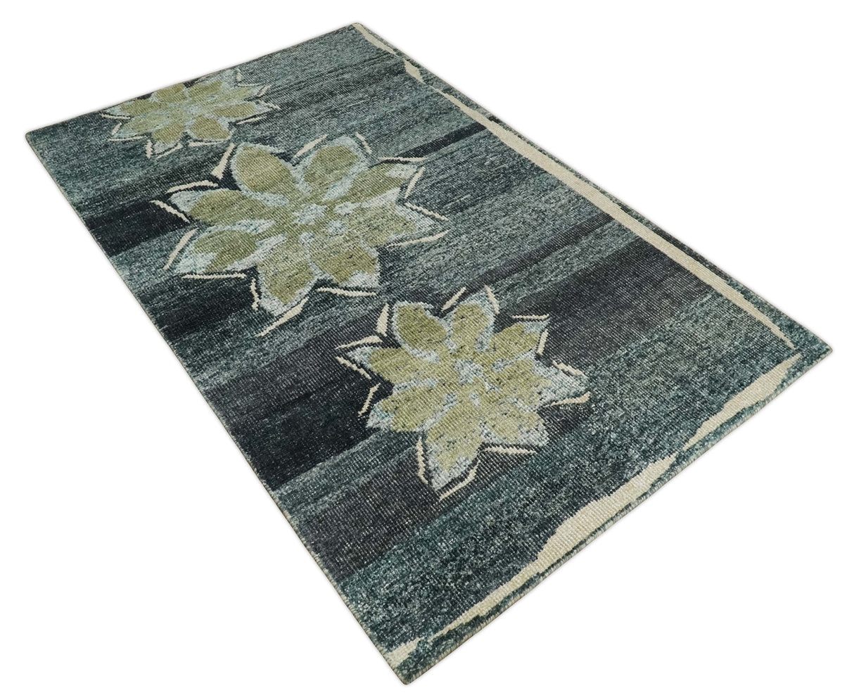 Hand Knotted 5x8 Charcoal And Beige Floral Recycled Silk Area Rug