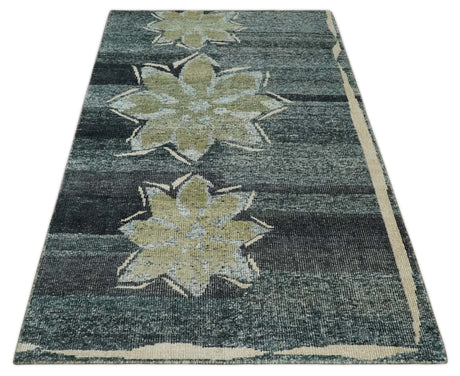 Hand Knotted 5x8 Charcoal And Beige Floral Recycled Silk Area Rug