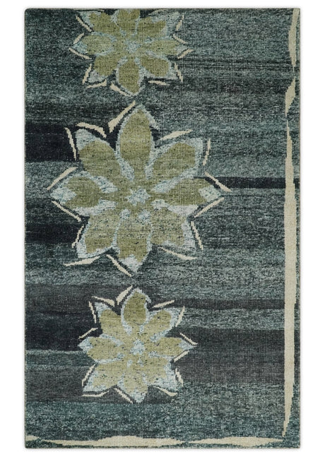 Hand Knotted 5x8 Charcoal And Beige Floral Recycled Silk Area Rug