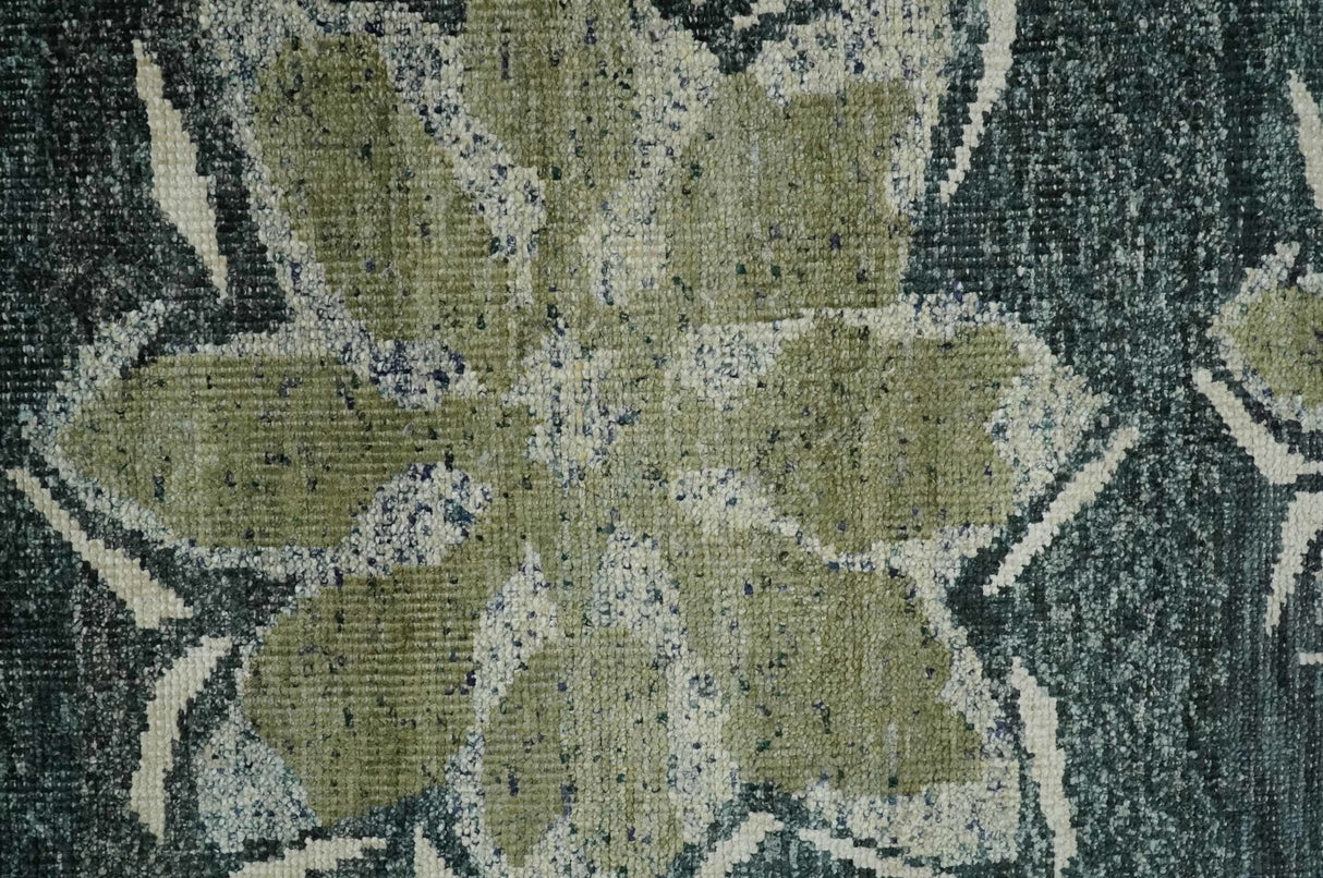 Hand Knotted 5x8 Charcoal and Olive Floral Design Recycled Silk Area Rug